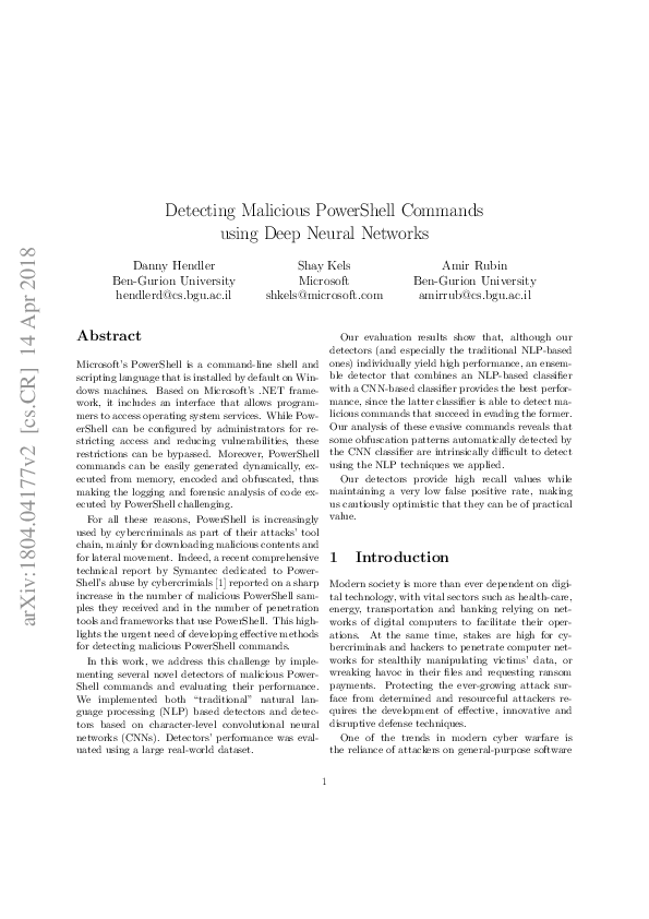 (PDF) Detecting Malicious PowerShell Commands using Deep Neural Networks