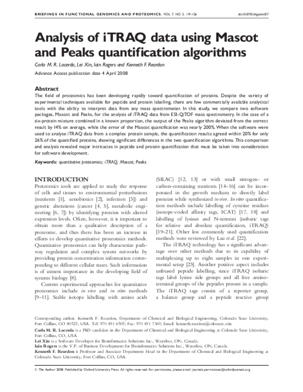 (PDF) Analysis of iTRAQ data using Mascot and Peaks quantification ...