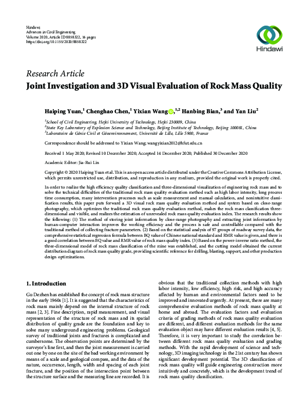 (PDF) Joint Investigation and 3D Visual Evaluation of Rock Mass Quality
