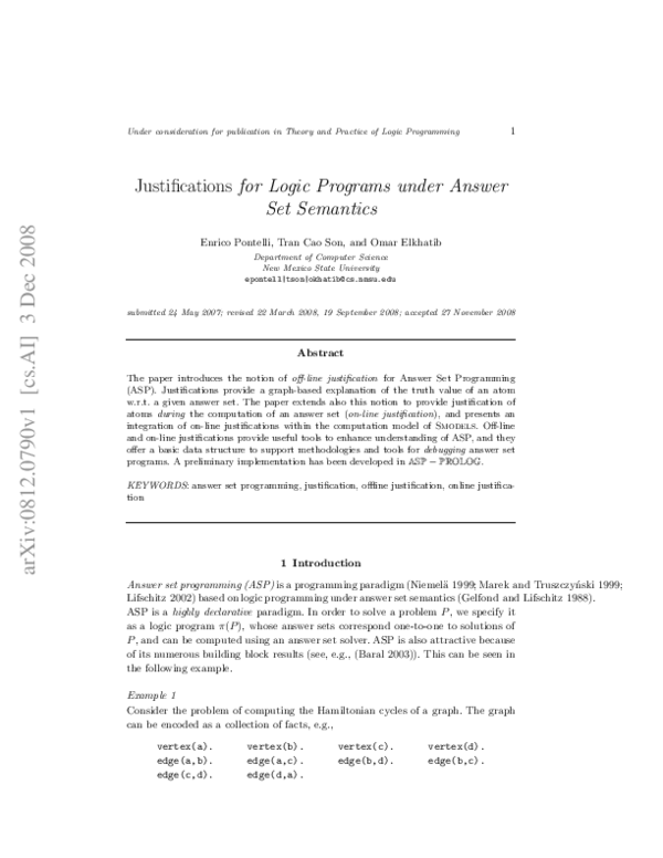 (PDF) Justifications for Logic Programs Under Answer Set Semantics