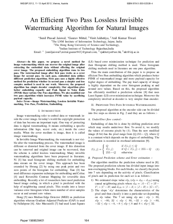 (PDF) An efficient two pass lossless invisible watermarking algorithm ...
