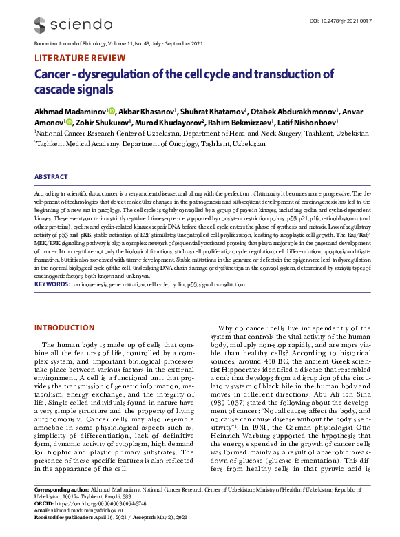 (PDF) Cancer - dysregulation of the cell cycle and transduction of ...
