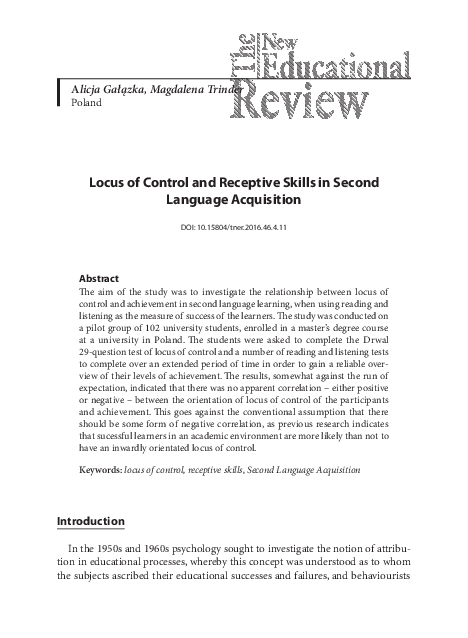 (PDF) Locus of Control and Receptive Skills in Second Language Acquisition
