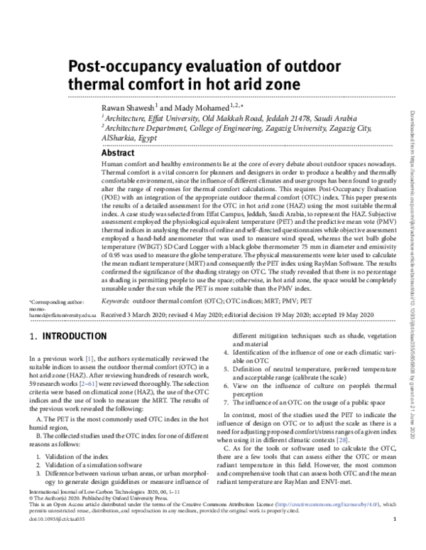 (PDF) Post-occupancy evaluation of outdoor thermal comfort in hot arid zone