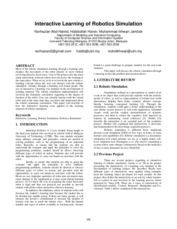 (PDF) Interactive Learning of Robotics Simulation