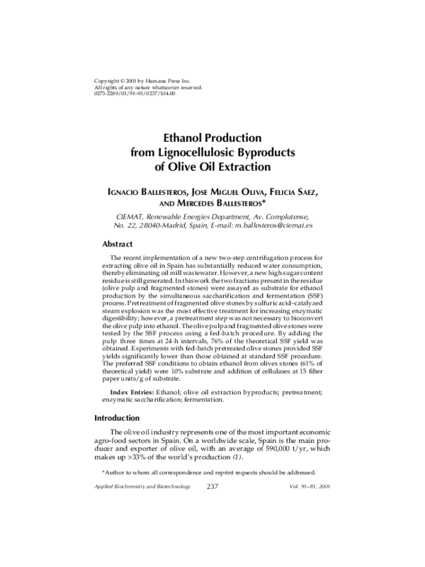 (PDF) Ethanol Production from Lignocellulosic Byproducts of Olive Oil ...