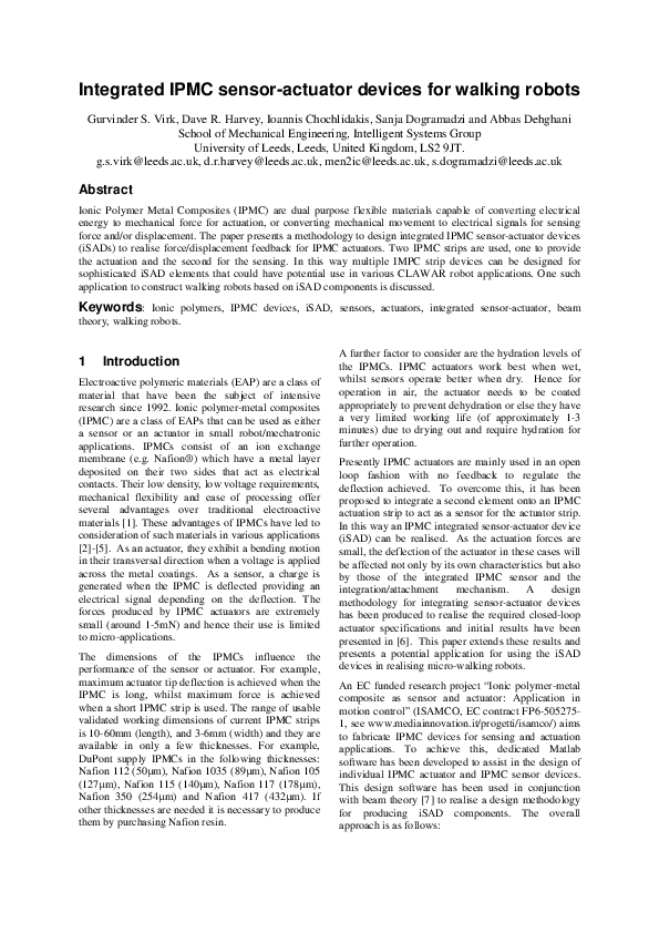 (PDF) Integrated IPMC sensor-actuator devices for walking robots