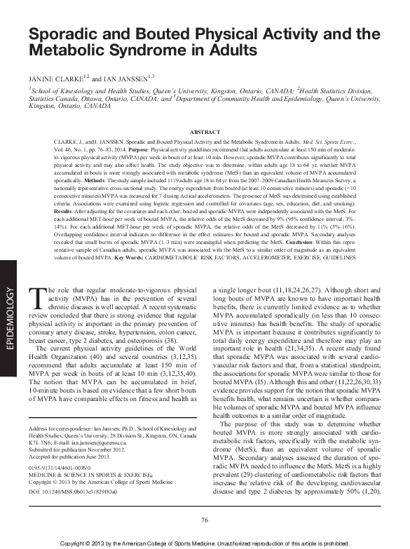 (PDF) Sporadic and Bouted Physical Activity and the Metabolic Syndrome ...