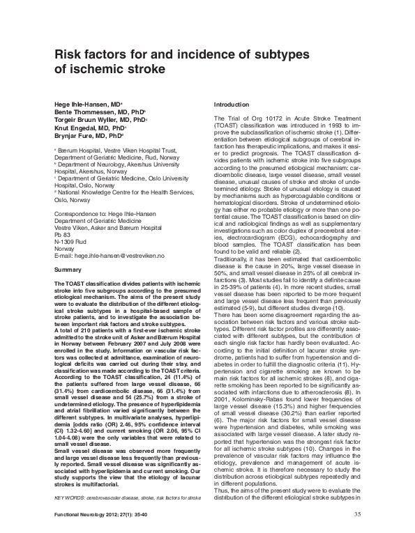 (PDF) Risk factors for and incidence of subtypes of ischemic stroke
