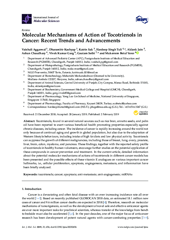 (PDF) Molecular Mechanisms of Action of Tocotrienols in Cancer: Recent ...