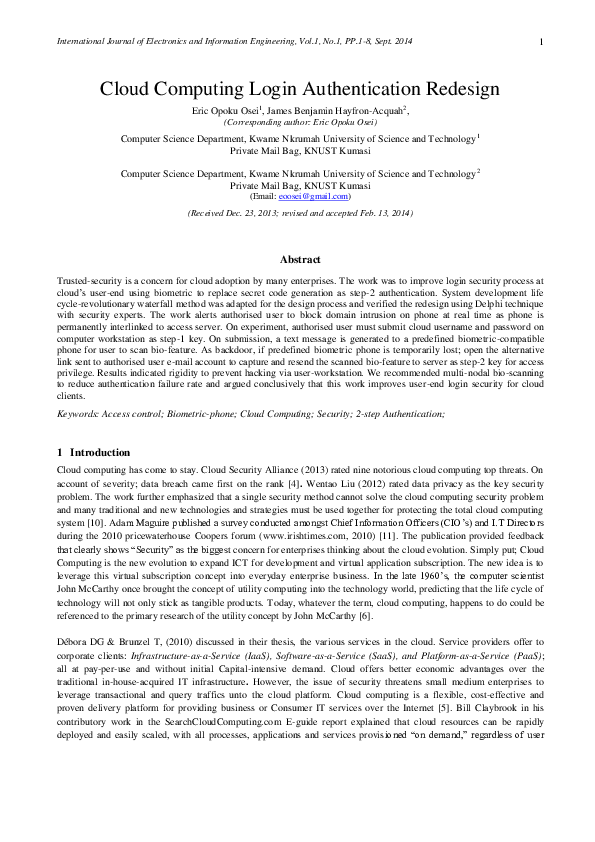 (PDF) Cloud Computing Login Authentication Redesign