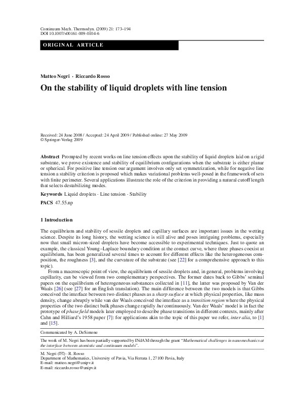 (PDF) On the stability of liquid droplets with line tension
