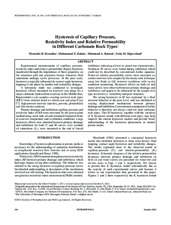 (PDF) Hysteresis of Capillary Pressure, Resistivity Index and Relative ...