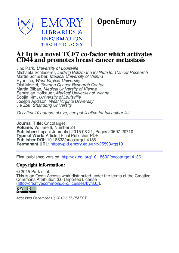 (PDF) AF1q is a novel TCF7 co-factor which activates CD44 and promotes ...