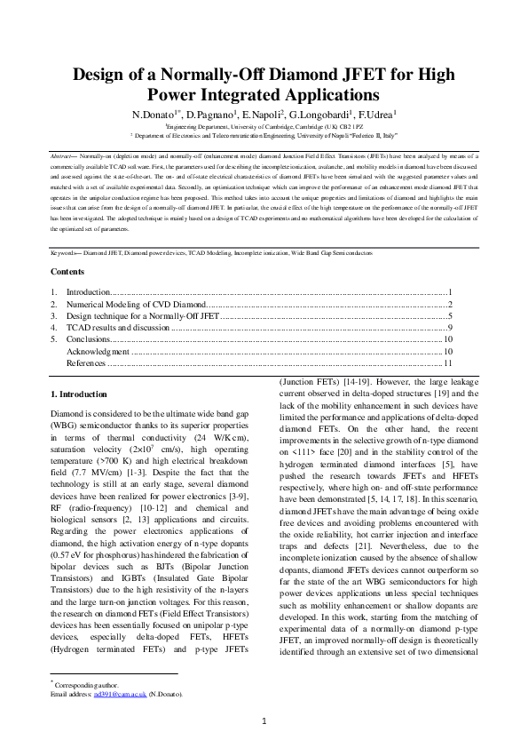 (PDF) Design of a normallyoff diamond JFET for high power integrated