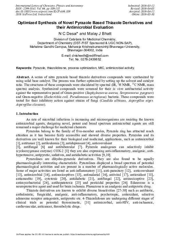 (PDF) Optimized Synthesis of Novel Pyrazole Based Thiazole Derivatives ...