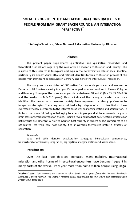 (PDF) Social Group Identity and Acculturation Strategies of People from ...