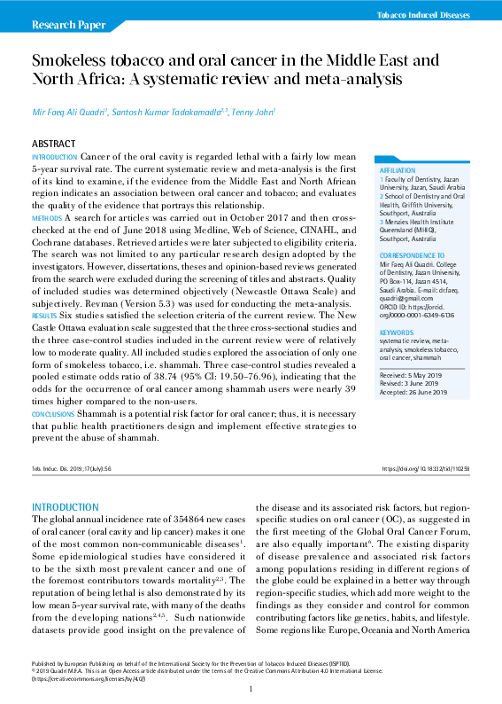 (PDF) Smokeless tobacco and oral cancer in the Middle East and North ...