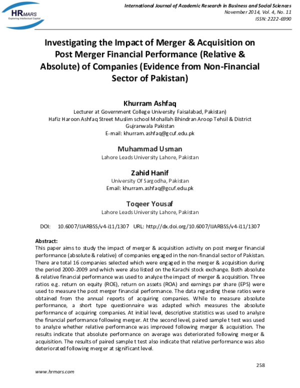 (PDF) Investigating the Impact of Merger & Acquisition on Post Merger ...