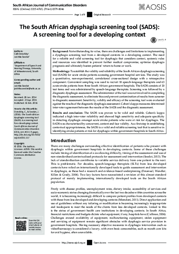 (PDF) The South African dysphagia screening tool (SADS): A screening ...