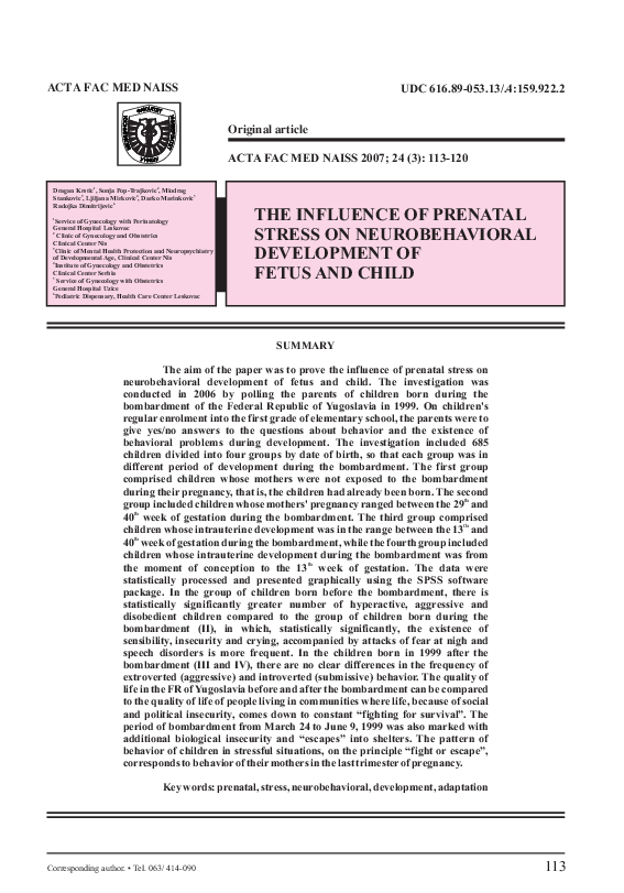 (PDF) The Influence of Prenatal Stress on Neurobehavioral Development ...
