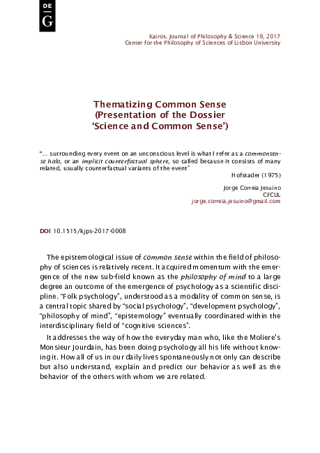 (PDF) Thematizing Common Sense (Presentation of the Dossier ‘Science ...
