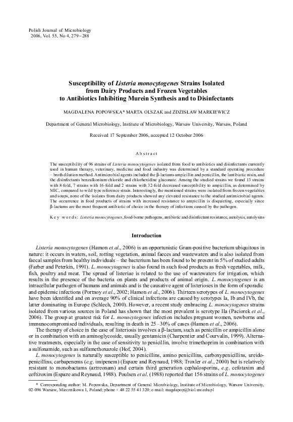(PDF) Susceptibility of Listeria monocytogenes strains to disinfectants ...