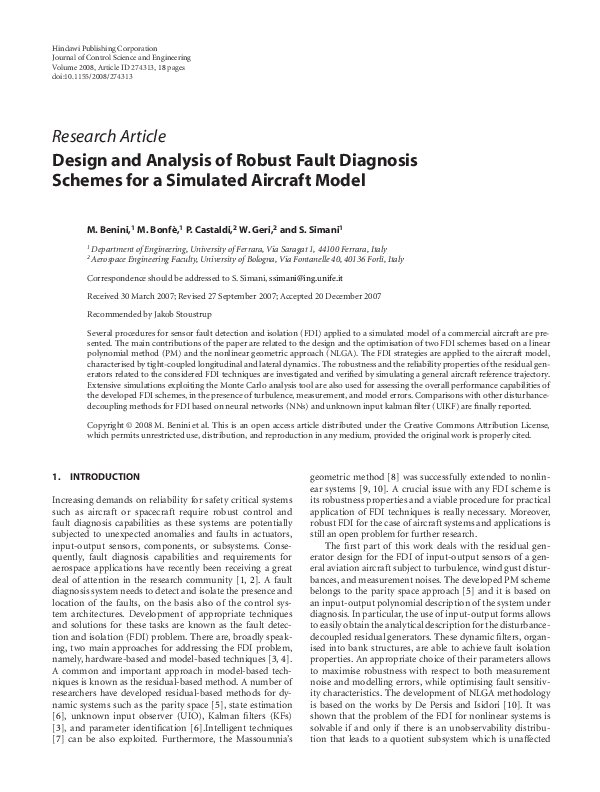 (PDF) Design and Analysis of Robust Fault Diagnosis Schemes for a ...