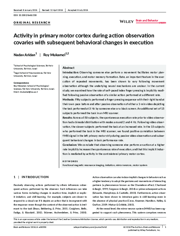 (PDF) Activity in primary motor cortex during action observation ...