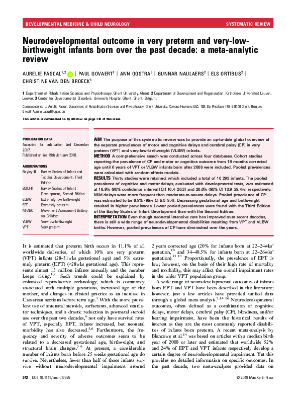 (PDF) Neurodevelopmental outcome in very preterm and very-low ...