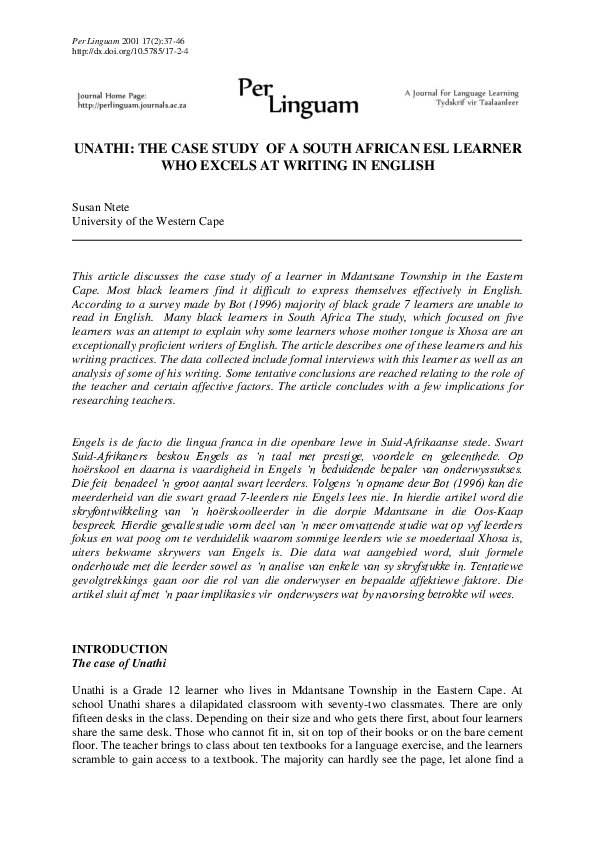 (PDF) Unathi: The case study of a South African ESL learner who excels ...