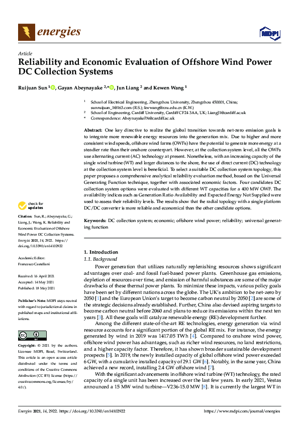 (PDF) Reliability and Economic Evaluation of Offshore Wind Power DC ...