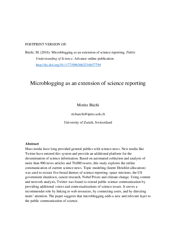 (PDF) Microblogging as an extension of science reporting