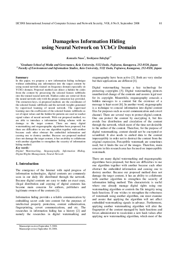 (PDF) Damageless Information Hiding using Neural Network on YCbCr Domain