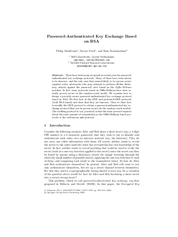 (PDF) Password Authenticated Key Exchange Based on RSA for Imbalanced ...