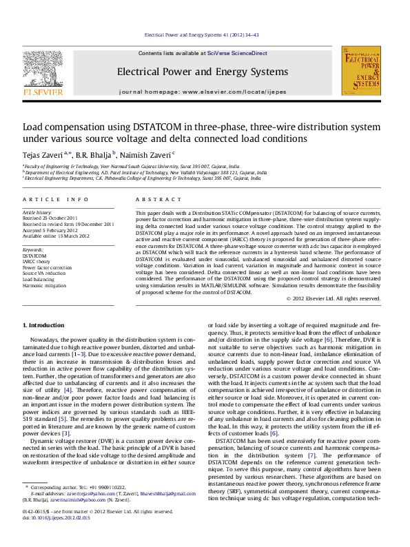 (PDF) Load compensation using DSTATCOM in three-phase, three-wire ...