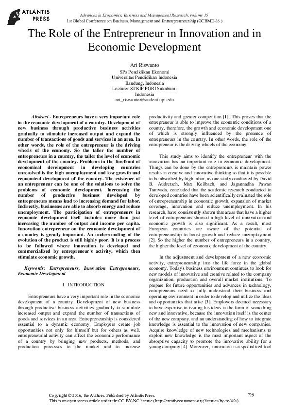 (PDF) The Role of the Entrepreneur in Innovation and in Economic ...