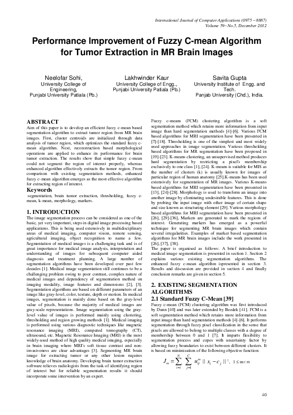 (PDF) Performance Improvement of Fuzzy C-mean Algorithm for Tumor ...