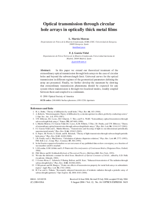 (PDF) Optical transmission through circular hole arrays in optically ...
