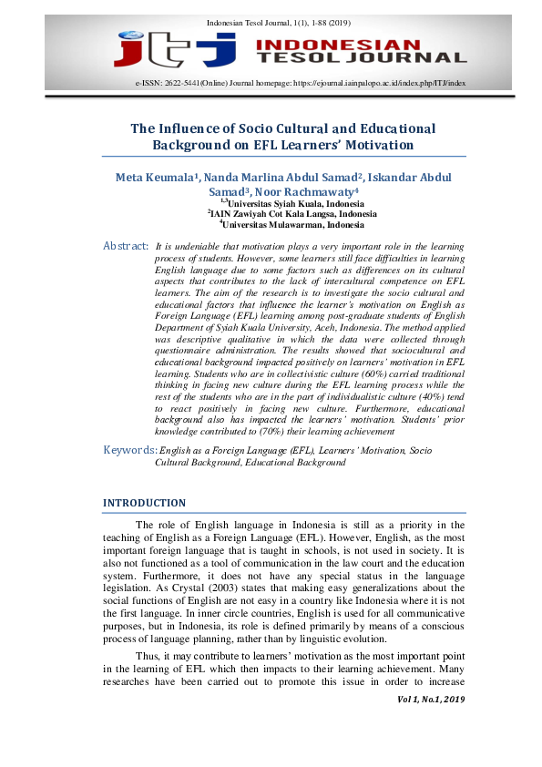 (PDF) The Influence of Socio Cultural and Educational Background on Efl ...