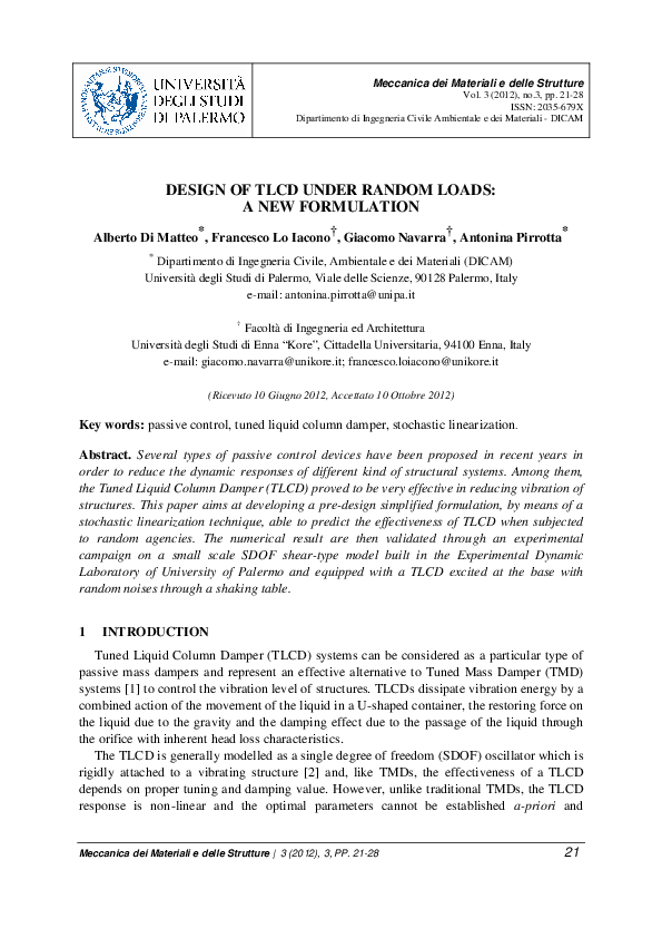 (PDF) Desing of TLCD under Random Loads: a new formulation