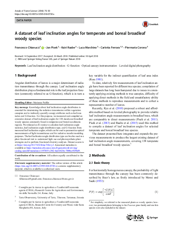 (PDF) A dataset of leaf inclination angles for temperate and boreal ...