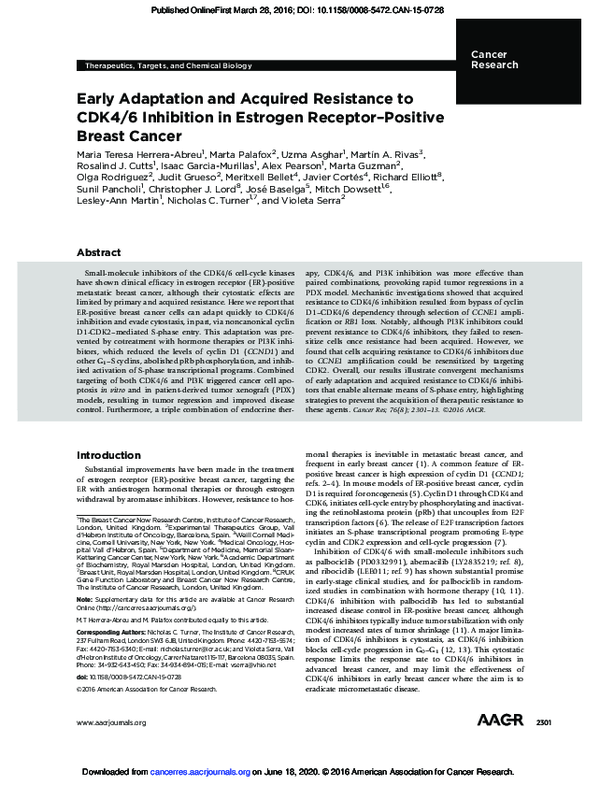 (PDF) Early Adaptation and Acquired Resistance to CDK4/6 Inhibition in ...