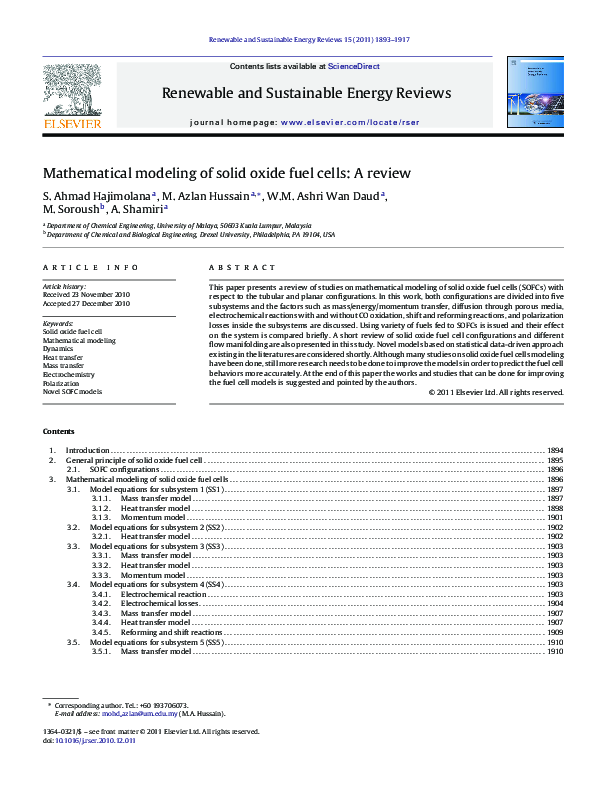 (PDF) Mathematical Modeling of Solid Oxide Fuel Cells: a review