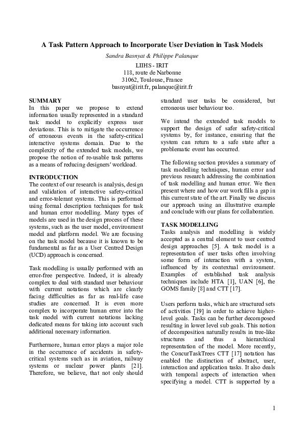 (PDF) A task pattern approach to incorporate user deviation in task models