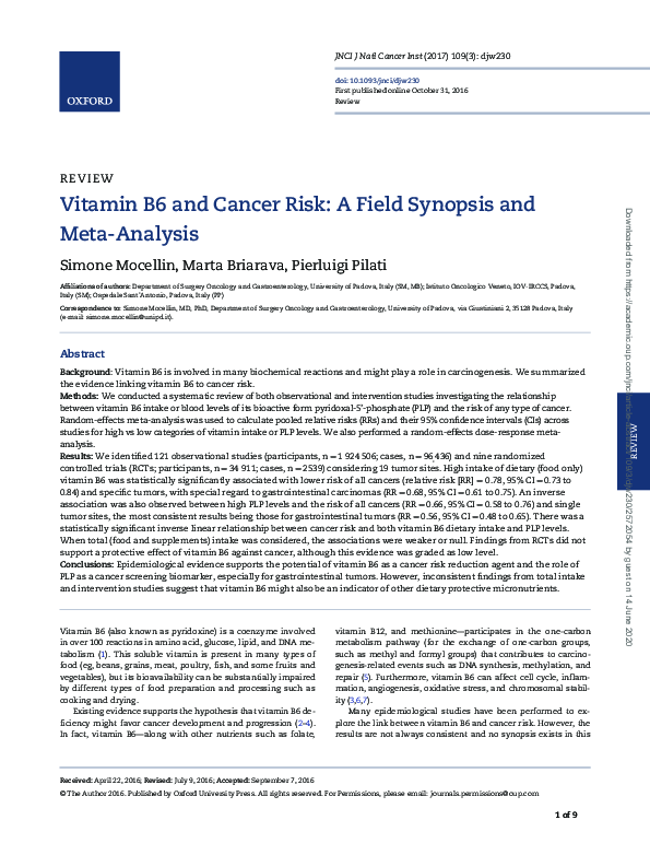 (PDF) Vitamin B6 and Cancer Risk A Field Synopsis and MetaAnalysis