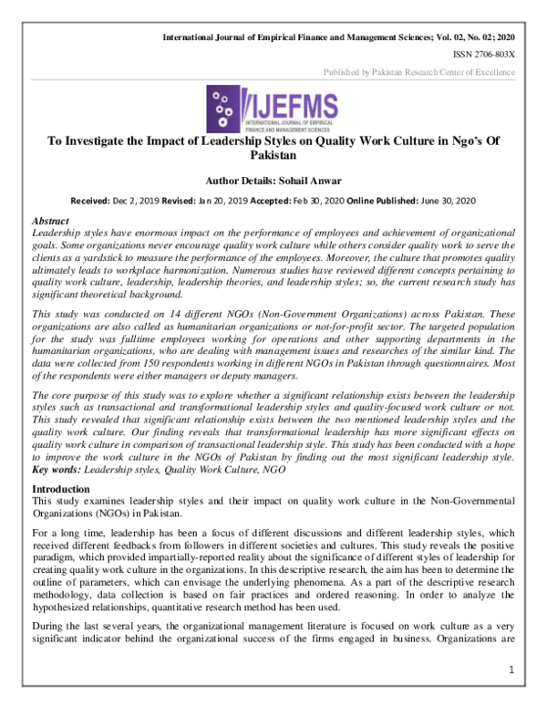 (PDF) To Investigate the Impact of Leadership Styles on Quality Work ...