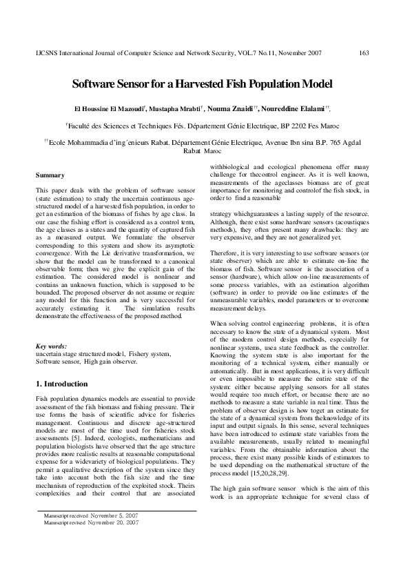 (PDF) Software Sensor for a Harvested Fish Population Model