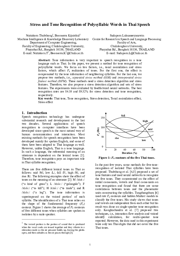 (PDF) Stress and tone recognition of polysyllabic words in Thai speech