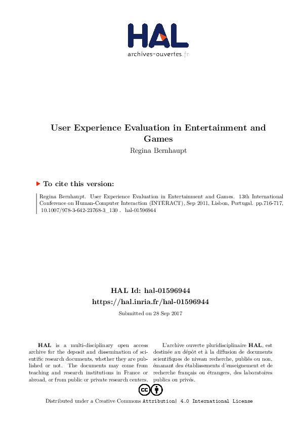 (PDF) User Experience Evaluation in Entertainment and Games